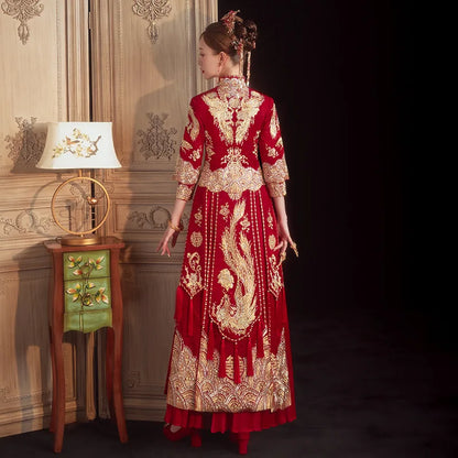 Chinese Traditional Women Wedding Dress Embroidery Rhinestone Long Che