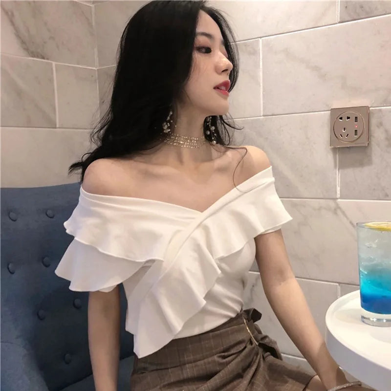 Women White Blouses Off Shoulder  Summer Slim Fit Elegant Tops Female Slash Neck Ruffle Shirt Tops
