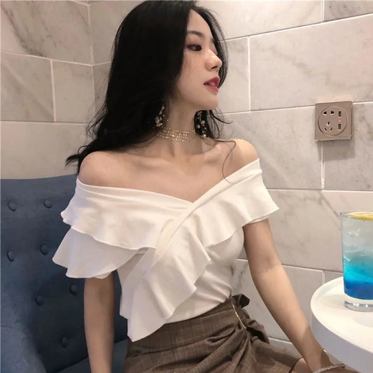 Women White Blouses Off Shoulder Cute Summer Slim Fit Elegant Tops Female Slash Neck Ruffle Shirt Tops