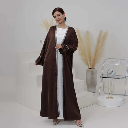 Loriya Satin Plain Abaya Women'S Muslim Dress Solid Color Kaftan Cardigan Open Abaya