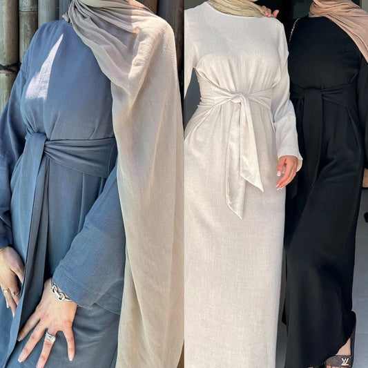 Daily Wear Linen Cotton Fabric Belt Wrap Modest Abaya Women Muslim Dress Islamic Clothing Women Abaya Modest Dresses
