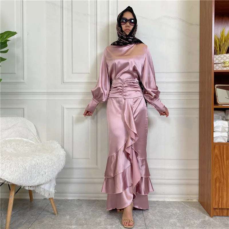 Islamic New Solid Satin/Round Neck Button up Shirt Elegant Long Dress With 3 Plies Pleated Slim Muslim Women's  Dress Set Robe
