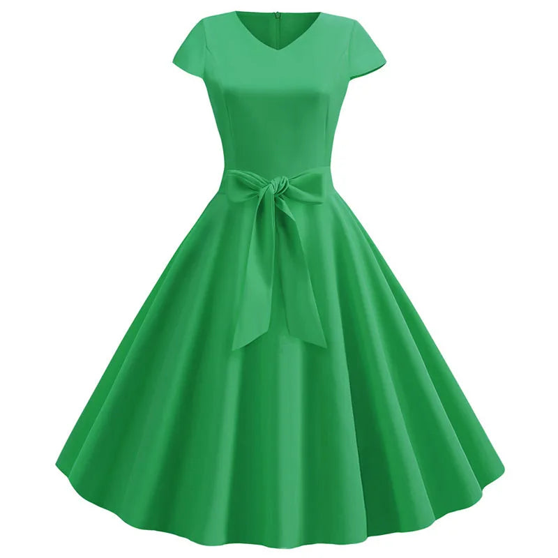Women Summer Vintage Dress With Belt Short Sleeve V Neck Elegant Retro
