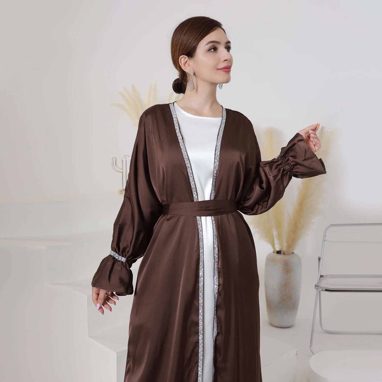 Loriya Satin Plain Abaya Women'S Muslim Dress Solid Color Kaftan Cardigan Open Abaya