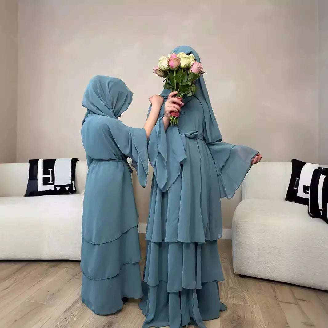 Wholesale Islamic Clothing Dubai Turkey Kid Abaya Babygirl's Muslim Dress 3-Layer Chiffon Open Abaya for Child