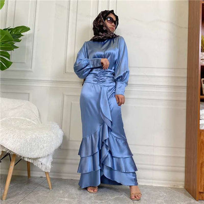 Islamic New Solid Satin/Round Neck Button up Shirt Elegant Long Dress With 3 Plies Pleated Slim Muslim Women's  Dress Set Robe