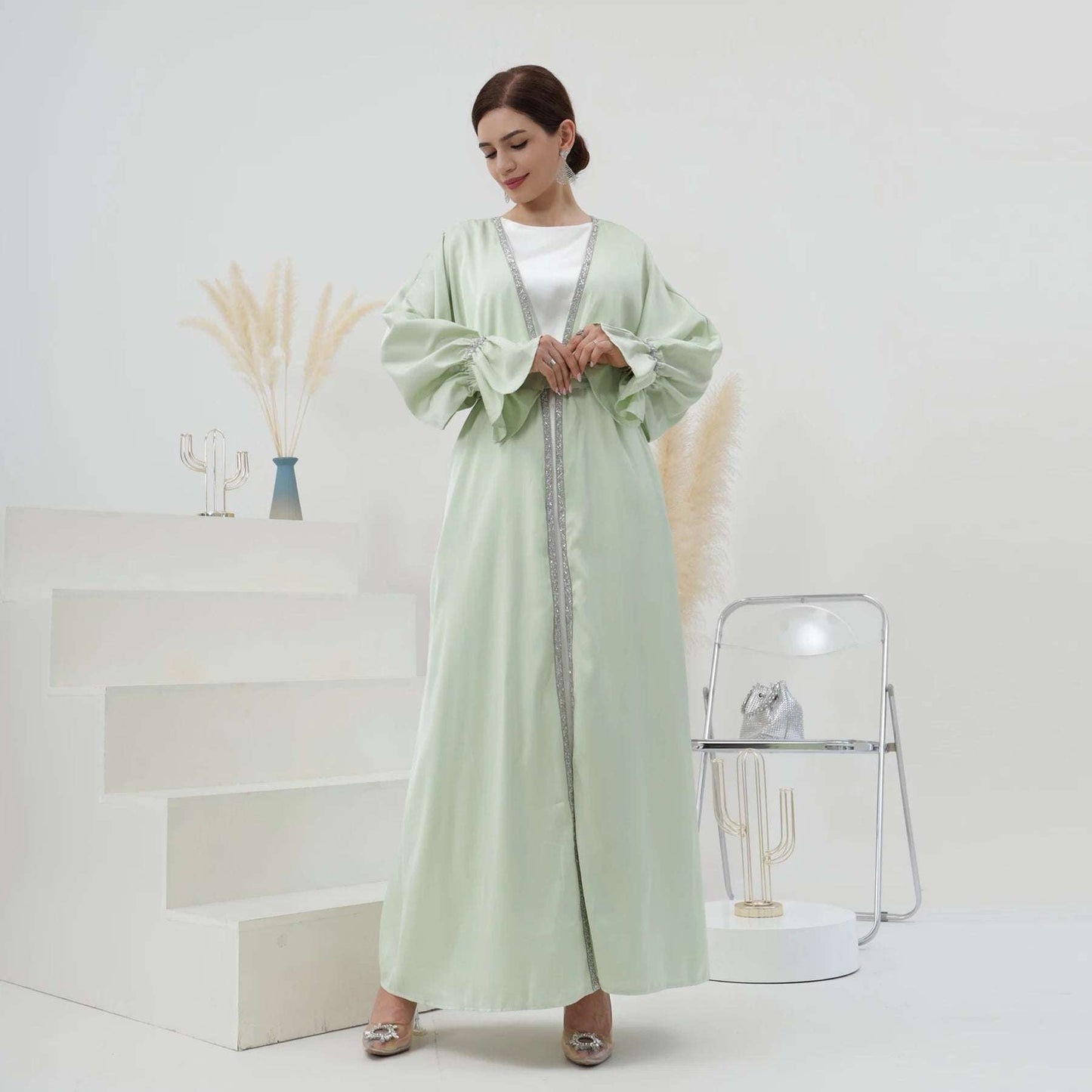 Loriya Satin Plain Abaya Women'S Muslim Dress Solid Color Kaftan Cardigan Open Abaya