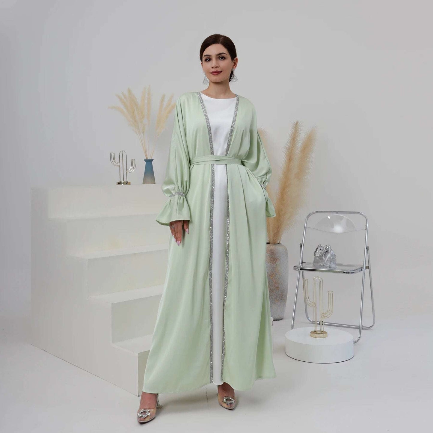 Loriya Satin Plain Abaya Women'S Muslim Dress Solid Color Kaftan Cardigan Open Abaya
