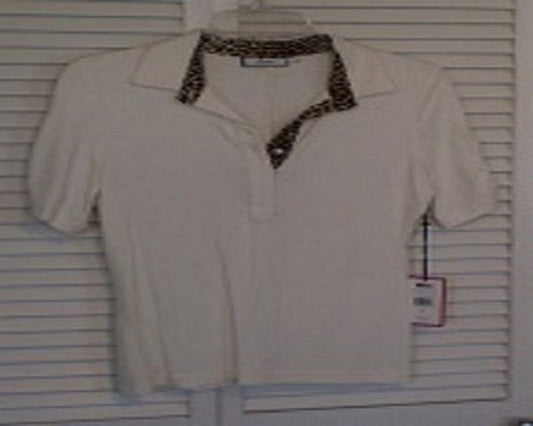 Women Top Knit Ivory Bias Brown Trim Front Sise S