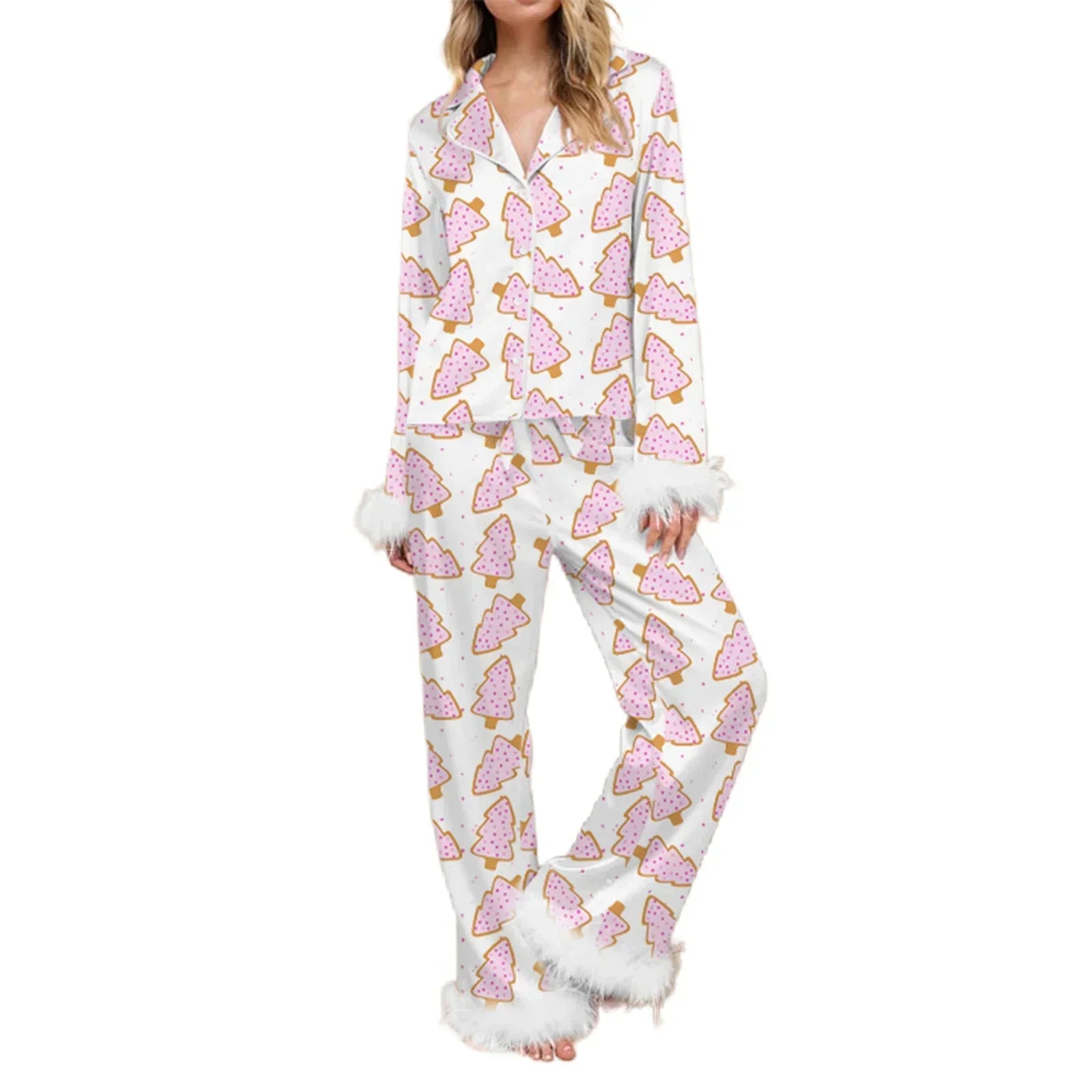 Christmas Pajamas for Womenilk Satin Lounge Sets Feather Trim Long Sleeve Shirt Pants Christmas Pjs Sleepwear Festival Rave