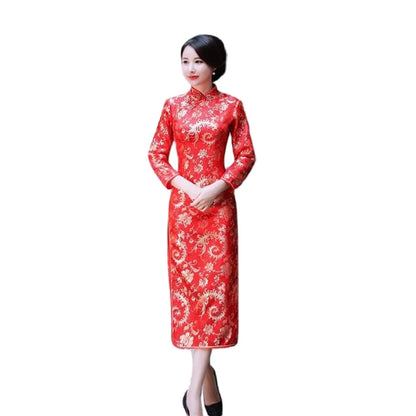 Red Chinese Bride Wedding Dress Cute Women Cheongsam Long Sleeve Dress Evening Party Dragon Phoenix Qipao Formal Social Vestidos
