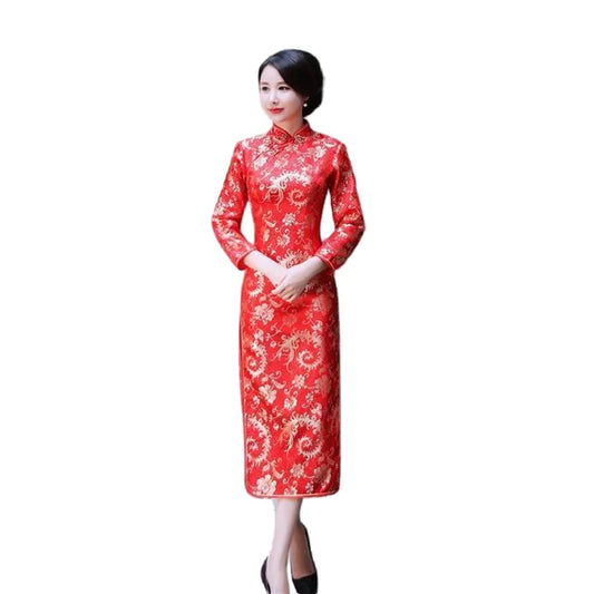 Red Chinese Bride Wedding Dress Cute Women Cheongsam Long Sleeve Dress Evening Party Dragon Phoenix Qipao Formal Social Vestidos