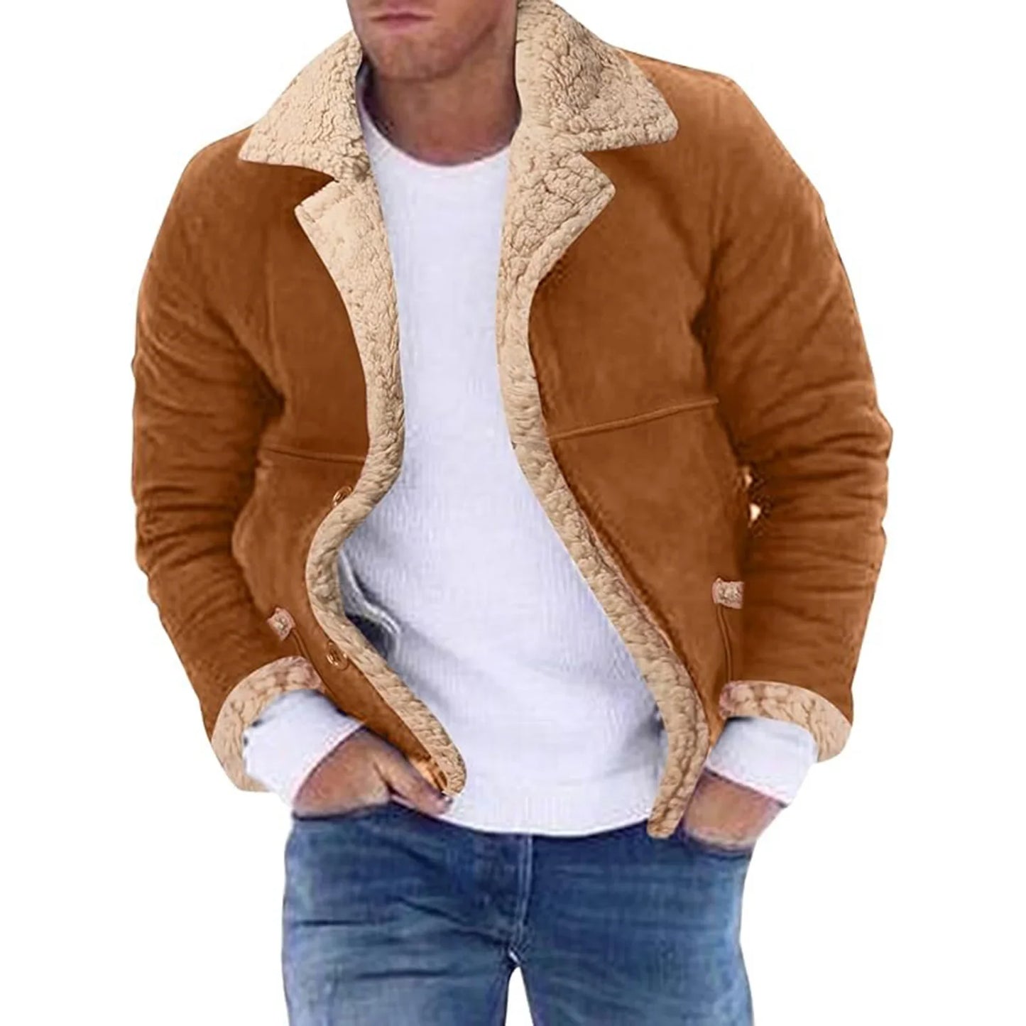Men s Winter Fleece Coats with Turn Down Collar and Button Down Closur