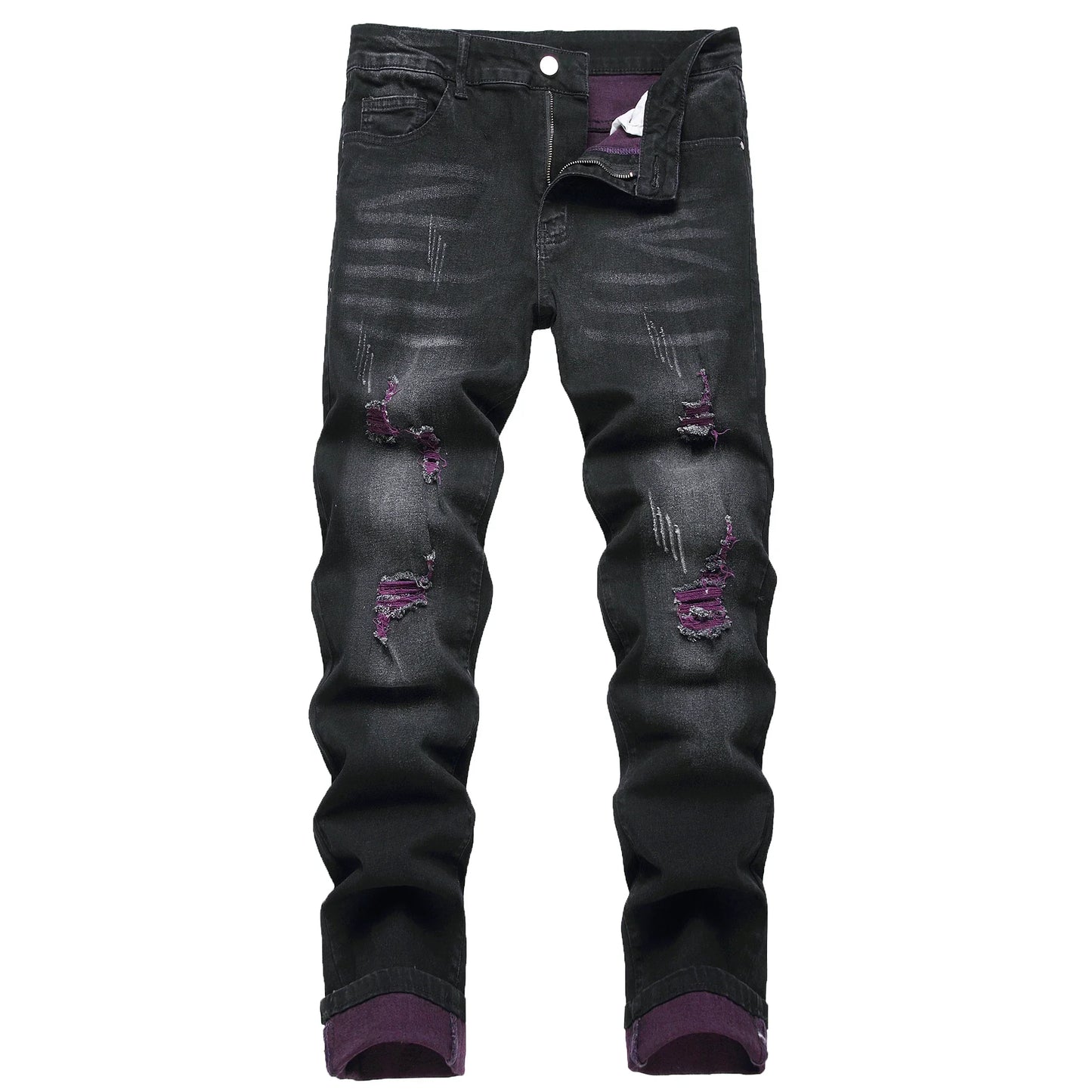Men's black jeans Elastic purple distressed denim pants Distressed color denim long pants Casual street party jeans 517