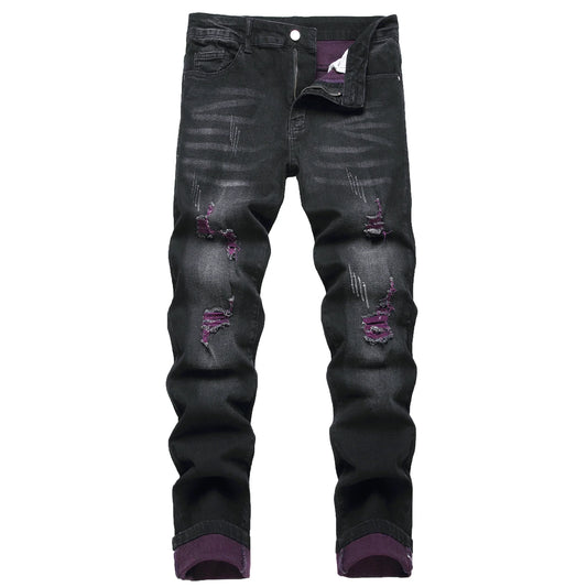 Men's black jeans Elastic purple distressed denim pants Distressed color denim long pants Casual street party jeans 517