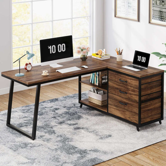 Tribesigns L-Shaped Computer Desk with 3 Drawers, Reversible Corner Home Office Desk with Shelves, 53-" Industrial PC Desk St