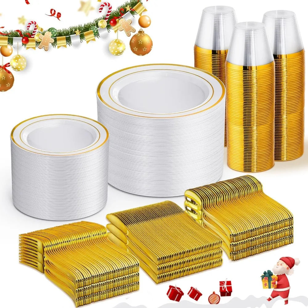 600-Piece Gold Disposable Dinnerware Set For 100 Guests, Includes Plates, Cups, And Utensils For Parties And Events