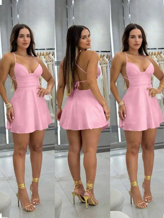 Yellow Backless Lace-Up Mini Dress with Flared Skirt and Spaghetti Straps
