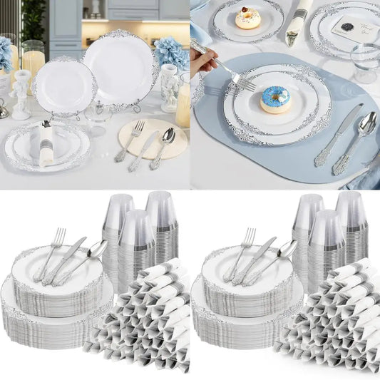 Set Of 350 Silver Plastic Plates, 50 Silverware, And 50 Napkins For 50 Guests - Disposable Dinnerware For Parties And Weddings