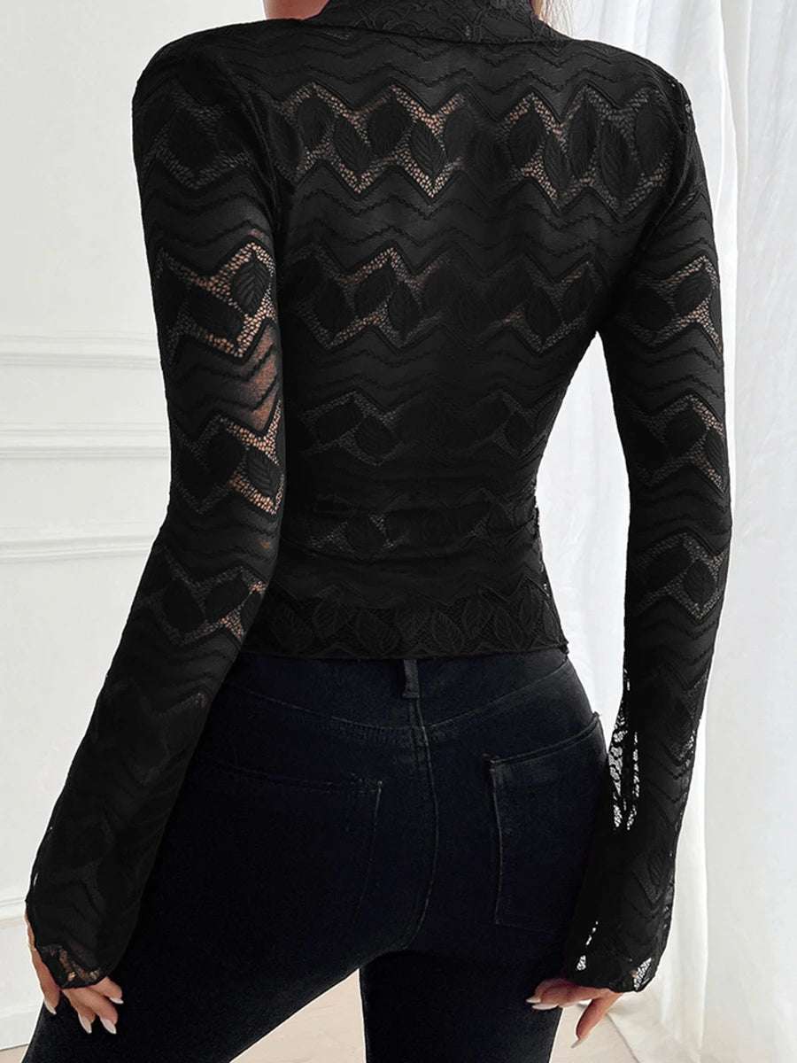 Floral Lace Blouse Women Vintage Long Sleeve V Neck  Fit Sheer T-Shirt Frill Top with Ruffle Trim