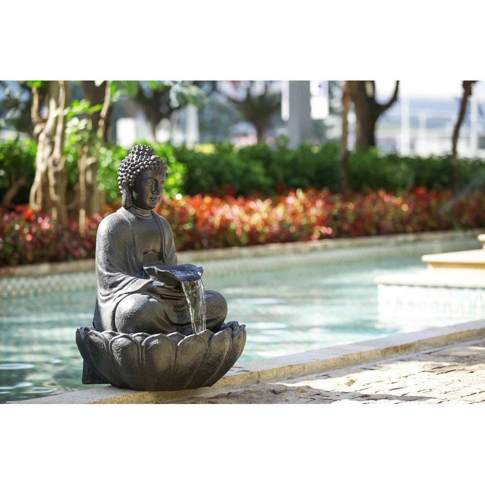 24X20.5X34" Dark Gray Buddha Statue Water Fountain, Indoor Outdoor Polyresin Fountain With Light