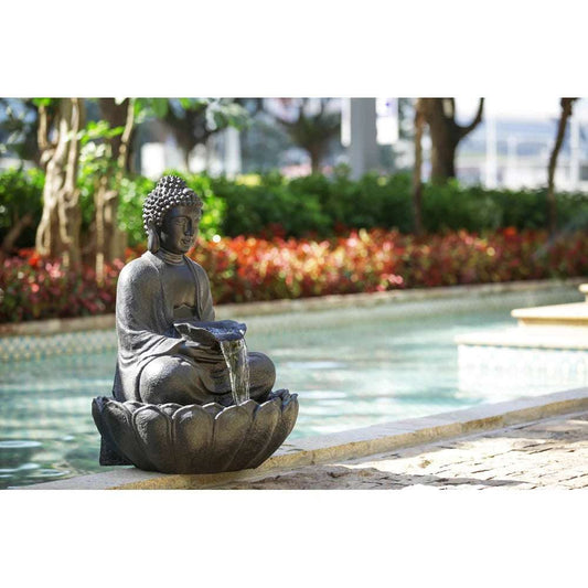 24X20.5X34" Dark Gray Buddha Statue Water Fountain, Indoor Outdoor Polyresin Fountain With Light