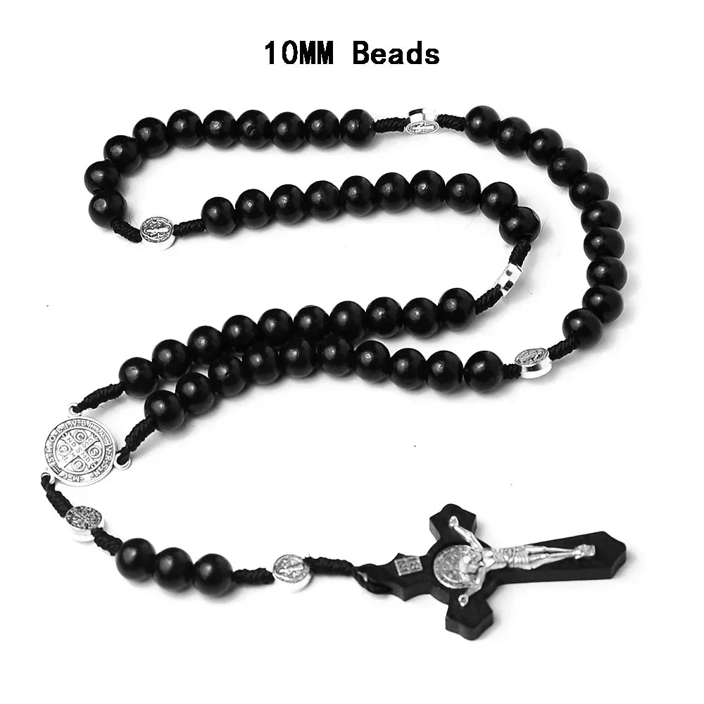 Catholic Wood Beaded Rosary Necklaces For WoMen Christian Inri Crucifi