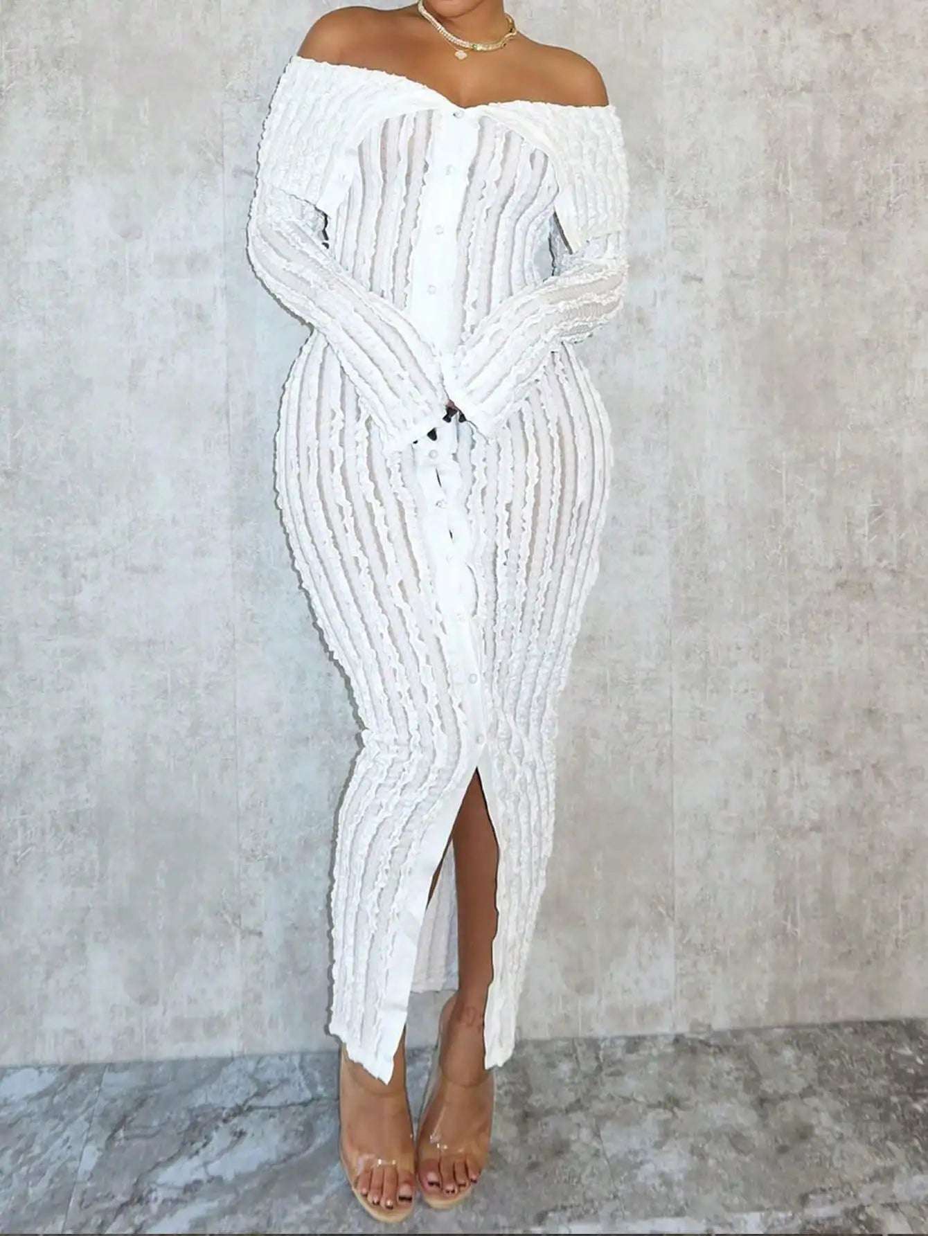 Women  Off Shoulder Dress Long Sleeve Button Down High Split Bodycon Dress Prom Evening Party