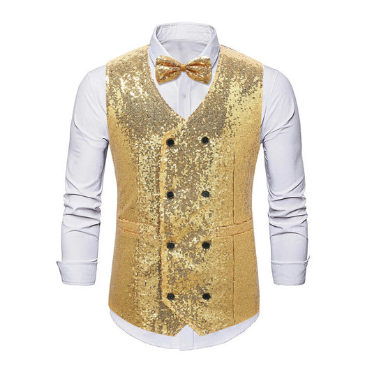 Men'S Sparkling Sequin Vest - Double-Breasted Slim-Fit Formal Sleeveless Suit Jacket