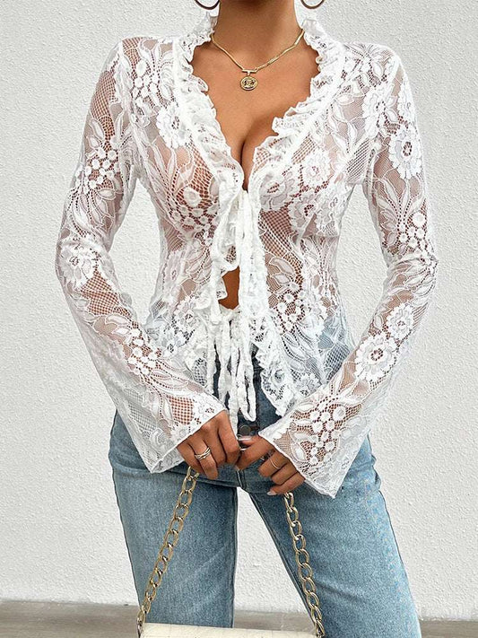 Women Summer Long Sleeve Lace See-through Gorgeous Blouse,Shirts & Blouses,Women Clothing,Womens Tops And Blouses,Tops For Women