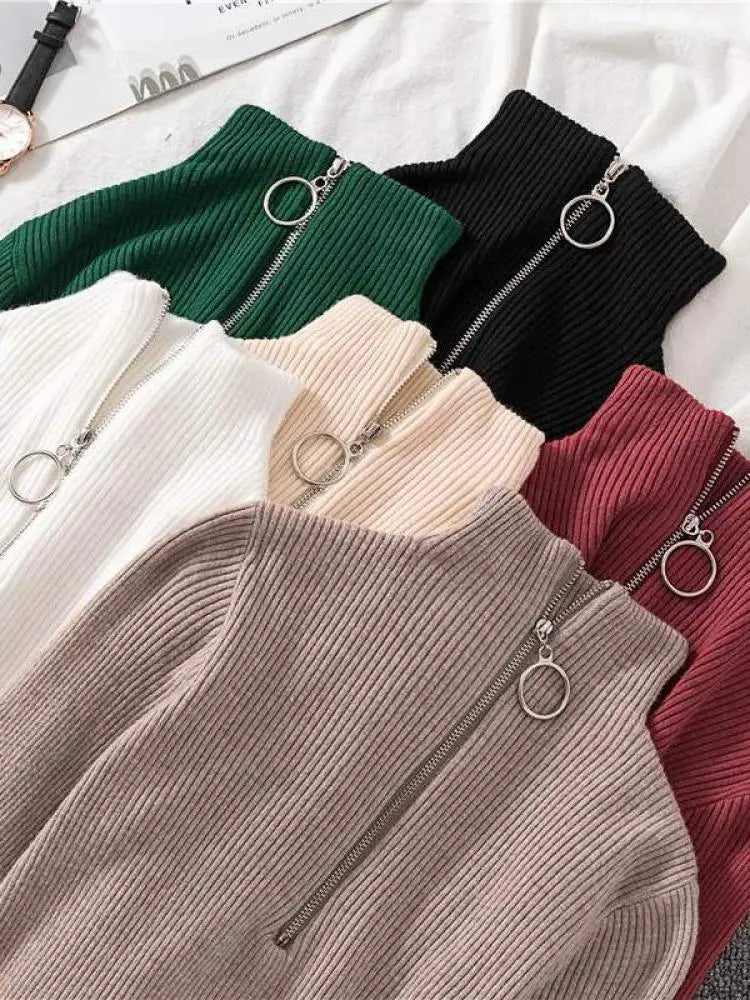 Women's Fashion Solid Knitted Sweaters Vintage Long Sleeve Zip-up Basic Half Turtleneck Sweater Female Pullovers Chic Casual Tops