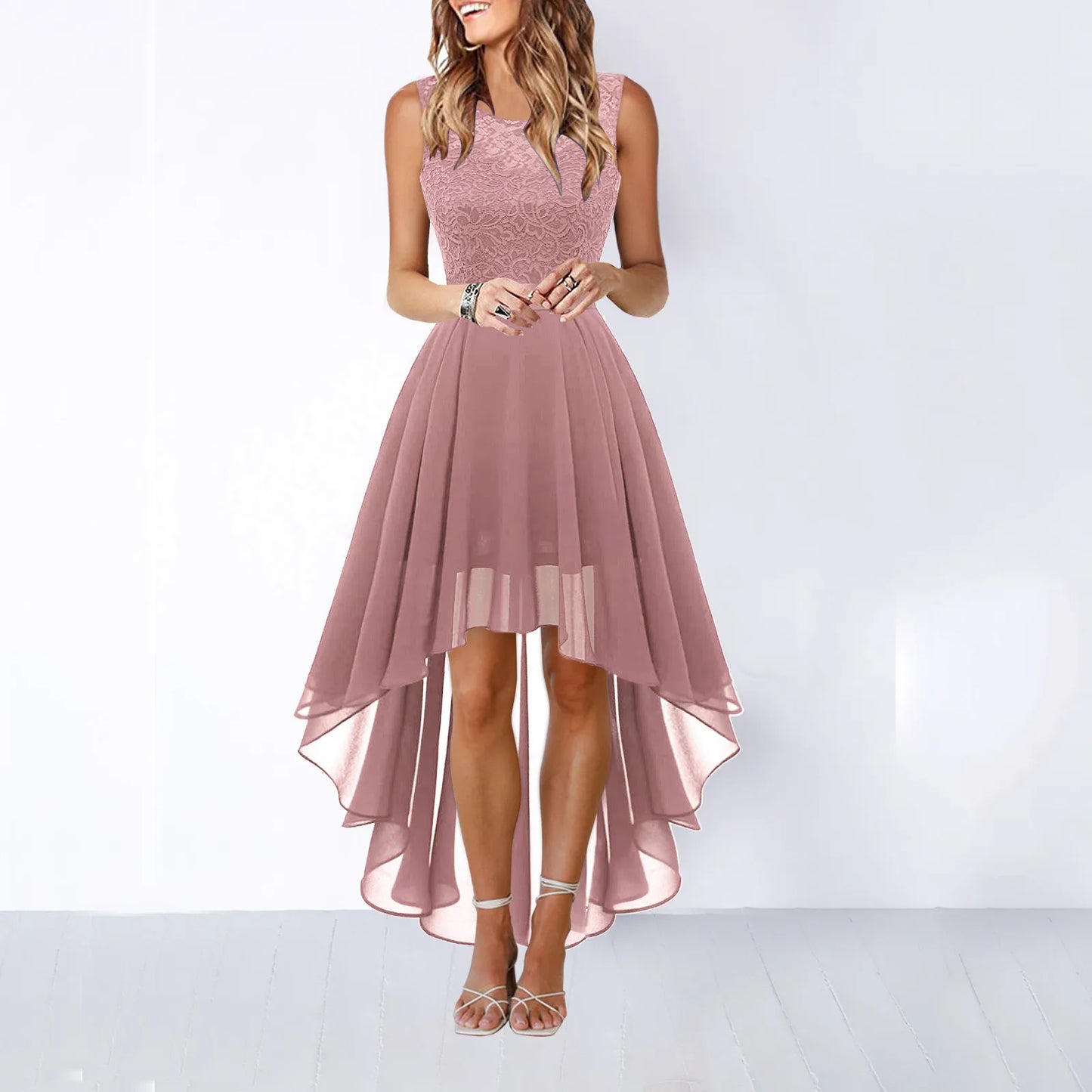 Women'S Lace Dress Bow Belt Irregular Hem Sleeveless Wedding Guest Cocktail Party Dress