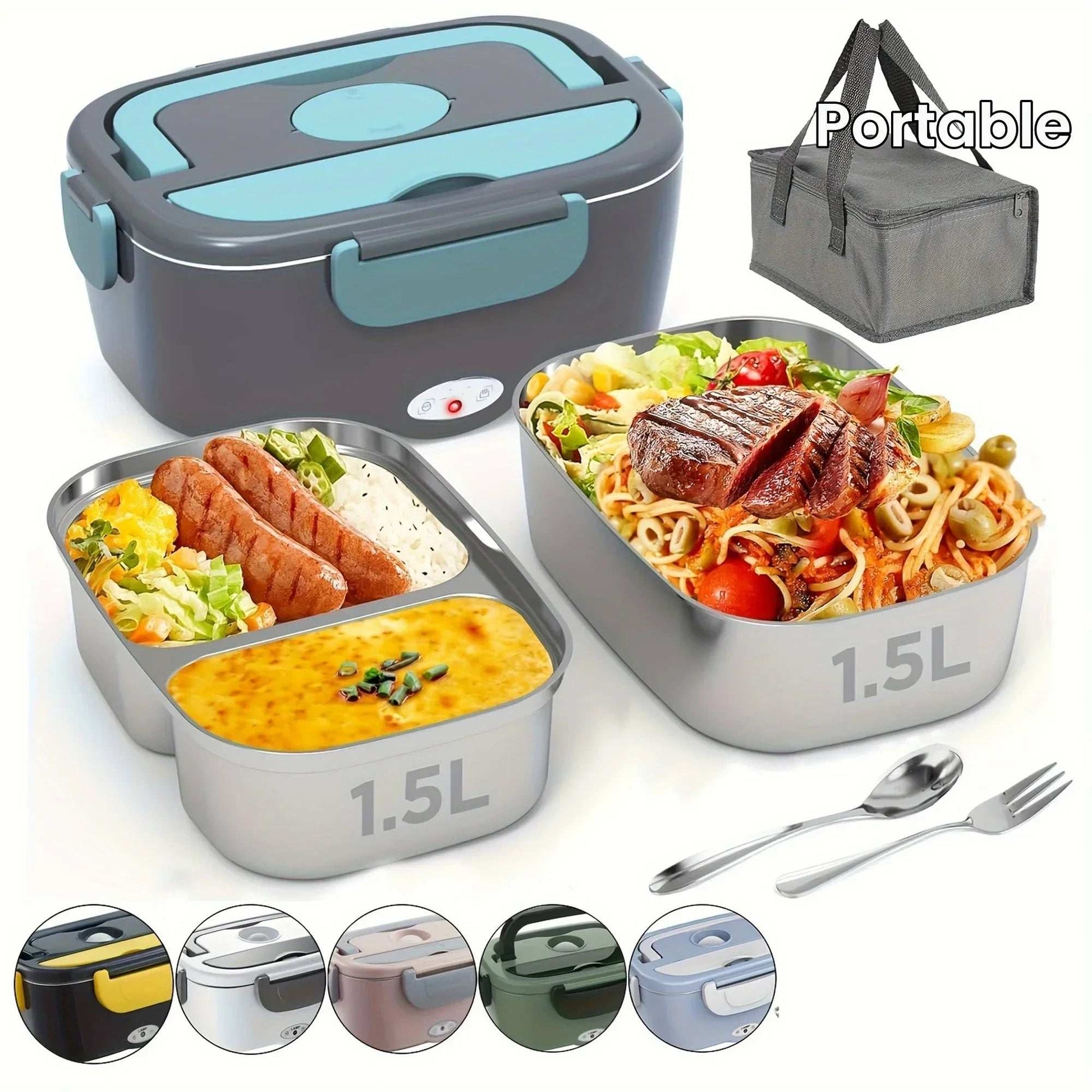 1.5 L 60W Electric LunBox Food Warmer Portable Food Heater for Car Or Home - Leak Proof 304 Stainless Steel Liner