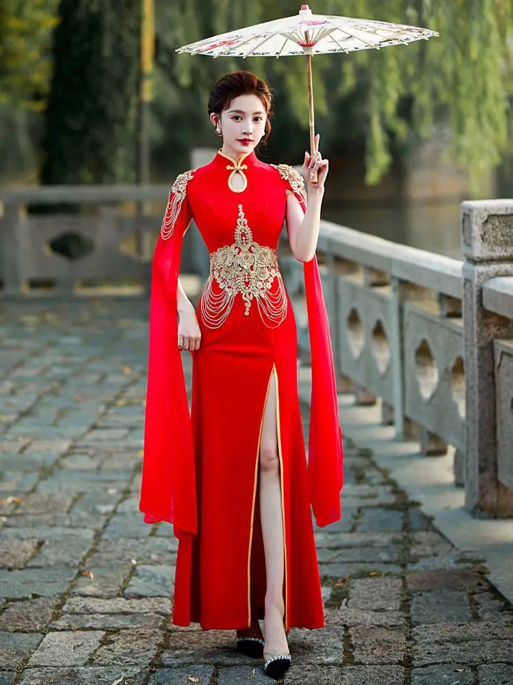 2025 Chinese Dress Women Cheongsam Ao Dai Vintage Elegant Wedding Party Qipao Embroidery Cheongsam French Style Evening Dress