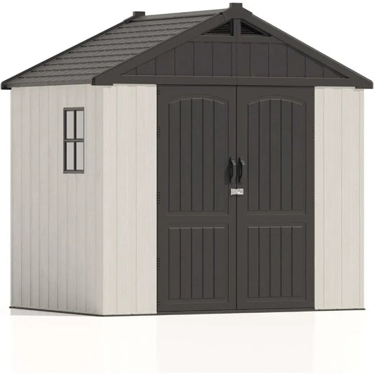 8 x 6 FT Plastic Outdoor Storage Shed with Floor, Resin Shed with Window and Lockable Door for Garden, Backyard, Tool Storage U