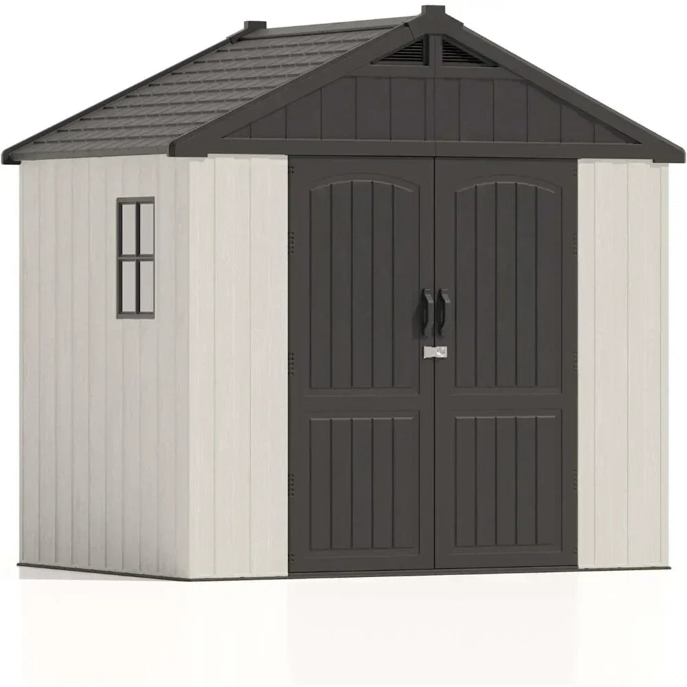 8 x 6 FT Plastic Outdoor Storage Shed with Floor, Resin Shed with Window and Lockable Door for Garden, Backyard, Tool Storage U