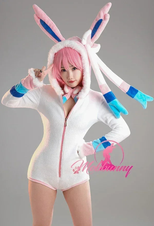 PM Derivative  Fluffy Hooded Bodysuit Deep V One Piece Romper with Choker and Socks Cosplay Costume
