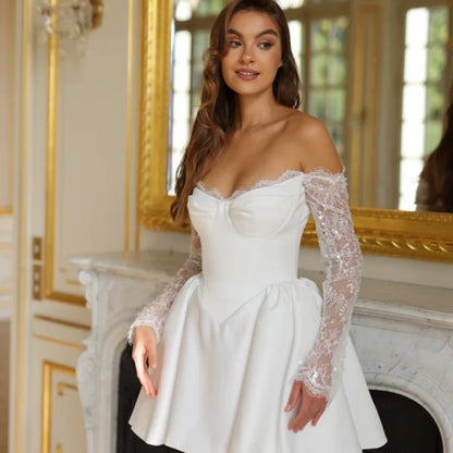 Amanda Customized White Lace Long Sleeves Strapless Short Skirt Serene Hill Dresses Satin Wedding Dress 2024