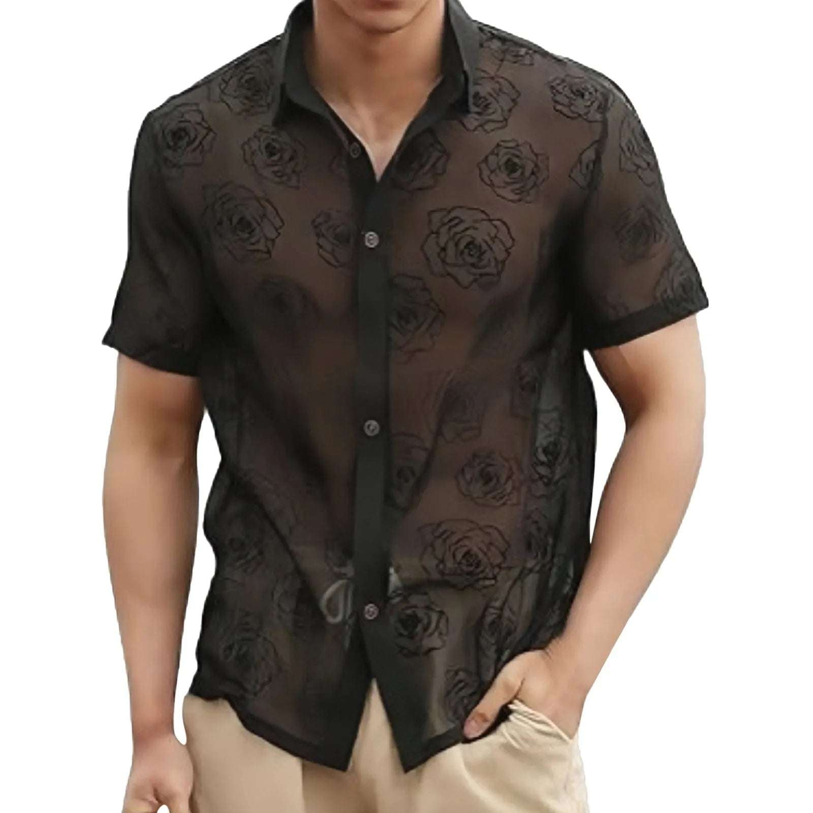 Button Down Cardigan Male Floral Mesh Blouse Summer Top Short Sleeved Shirt For Man Hollowed Out Cute Mens' Shirts Ropa Hombre