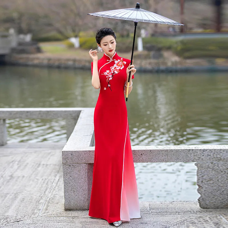 Gradient Improved Performance Long Aodai Applique Cheongsam Retro Slimming Fashion High Slit Dress Elegant Qipao