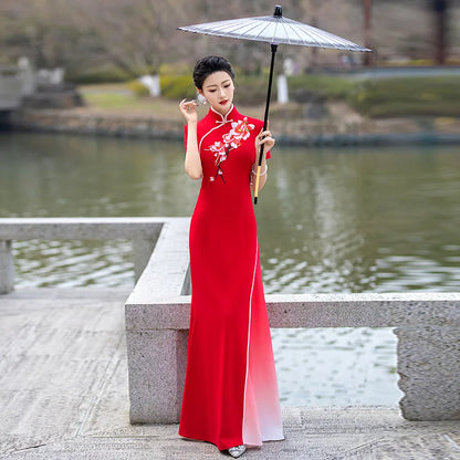 Gradient Improved Performance Long Aodai Applique Cheongsam Retro Slimming Fashion High Slit Dress Elegant Qipao
