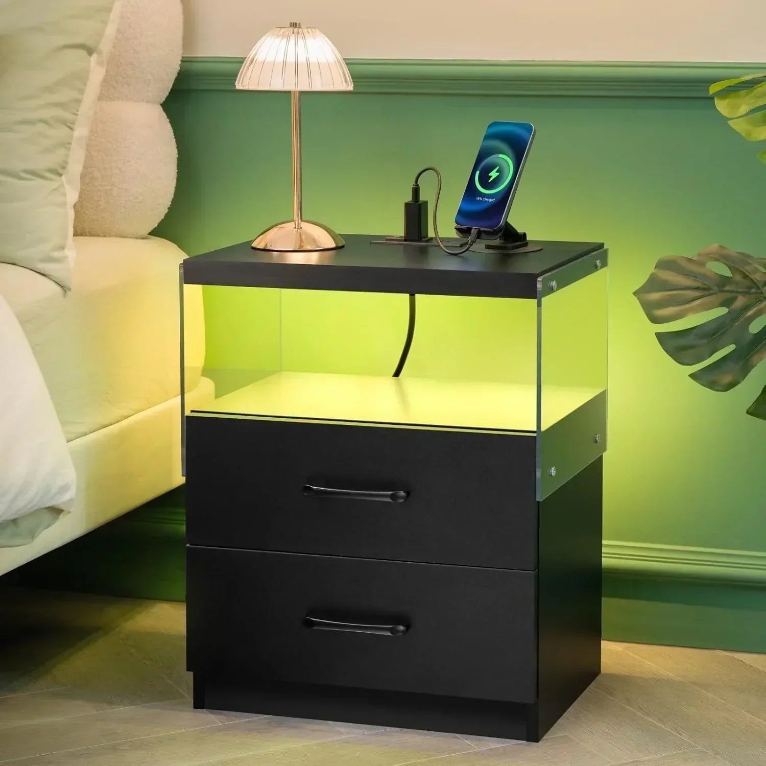 LED Nightstand with Charging Station and Acrylic Board, 2 Drawer Night Stand with LED Lights for Bedroom, Modern Bedside Table