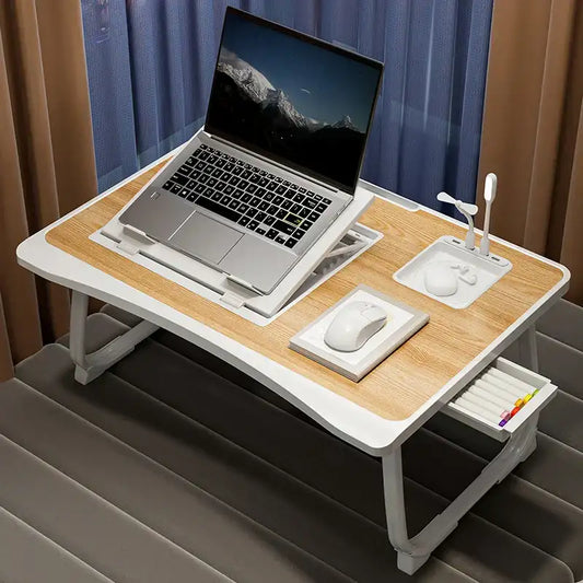 Foldable Laptop Bed Desk] Portable Adjustable Height Foldable Laptop Bed Desk with Wooden Surface - Storage Slots & Drawers for