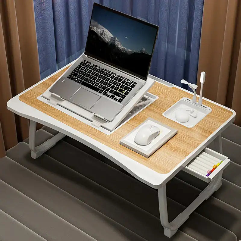 Foldable Laptop Bed Desk] Portable Adjustable Height Foldable Laptop Bed Desk With Wooden Surface - Storage Slots & Drawers For