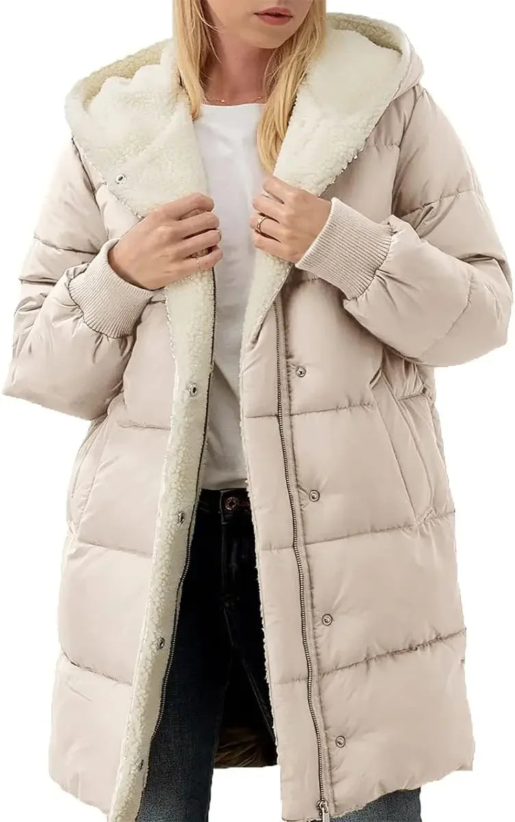 Women Winter Warm Coats Sherpa Fleece Lined Long Hooded Puffer Jacket