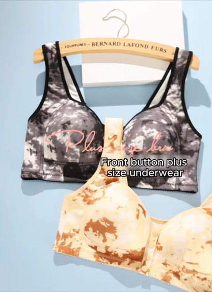 2Pcs Plus Size Tie-Dye Print Large Front Button Bra For WoMen, Stretch, High Stretch Collarless Design With Button Detail