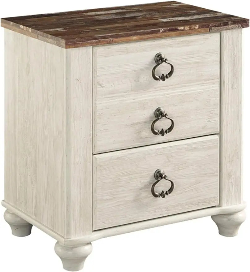 Willowton Farmhouse 2 Drawer Nightstand with USB Charging Ports, Whitewash