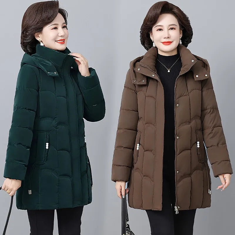 Women Winter Thickened Jackets Down Cotton Parkas Hooded Quilted Long Pockets coat Middle aged Female Overcoat