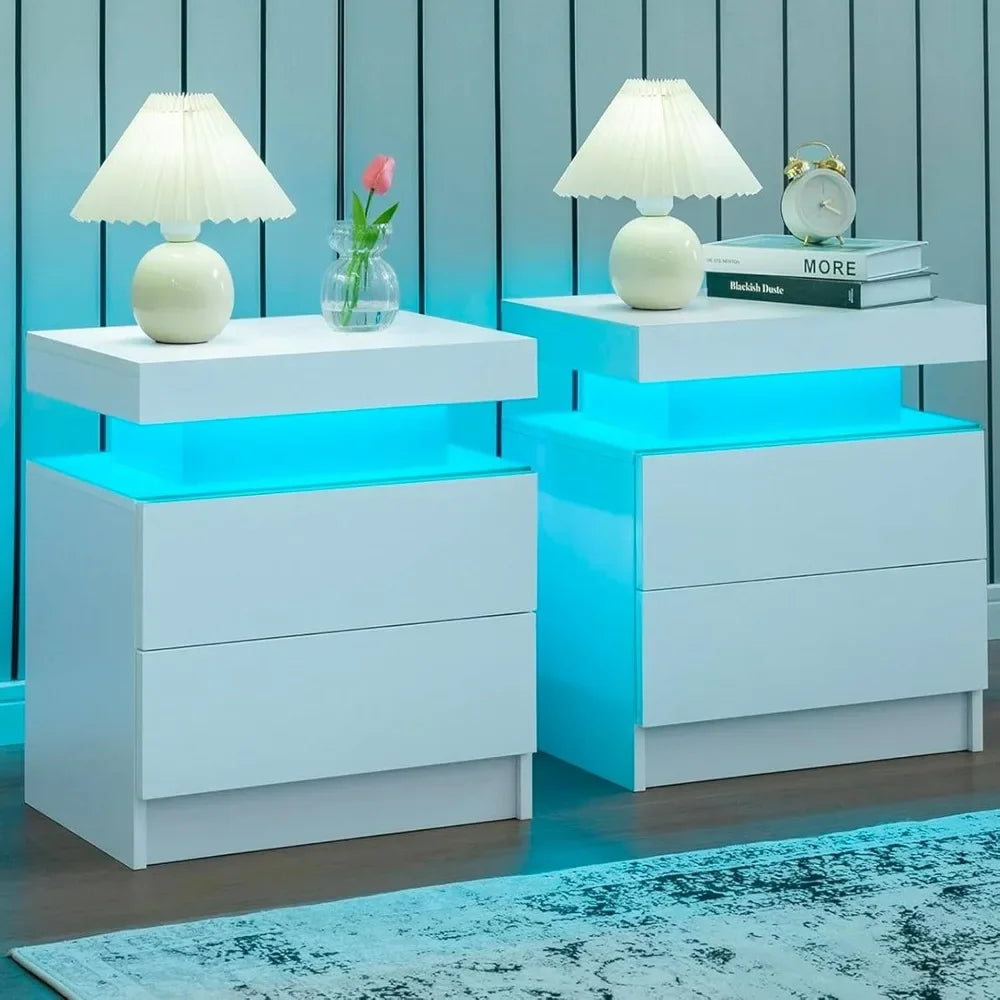 Nightstand Set Of 2 Led Nightstand With 2 Drawers, Bedside Table With Drawers For Bedroom Furniture, Side Bed Table With Led