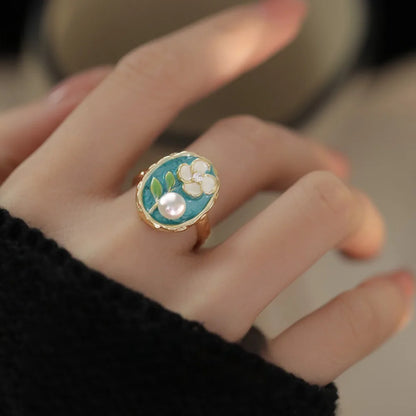 Elegant Floral Pearl Adjustable Open Ring G Plated Statement Index Finger Ring For Women Luxury Jewelry